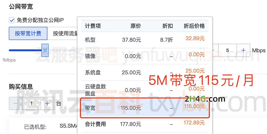 腾讯云CVM服务器5M带宽费用