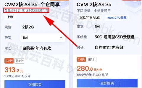 腾讯云服务器CVM 2核2G S5优惠价格免费送3个月