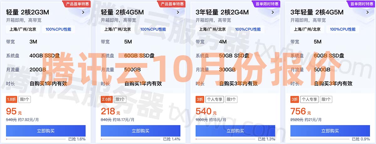 腾讯云服务器10月优惠价格