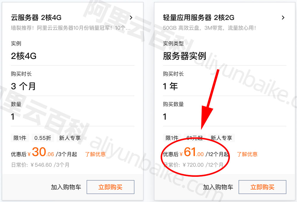 阿里云2核2G3M轻量应用服务器61元一年