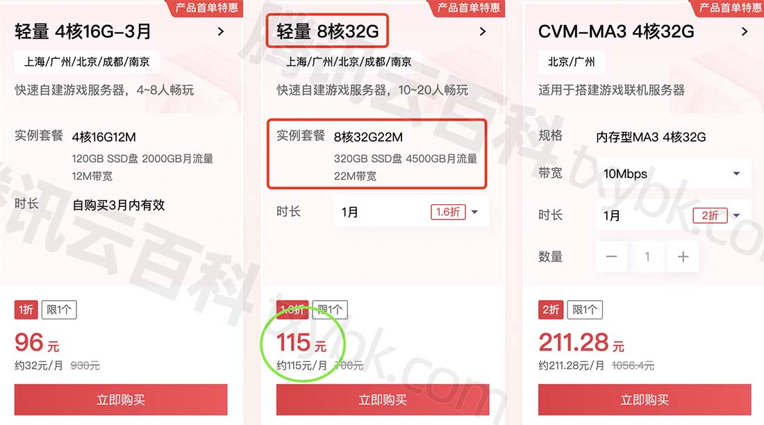腾讯云8核32G轻量应用服务器费用