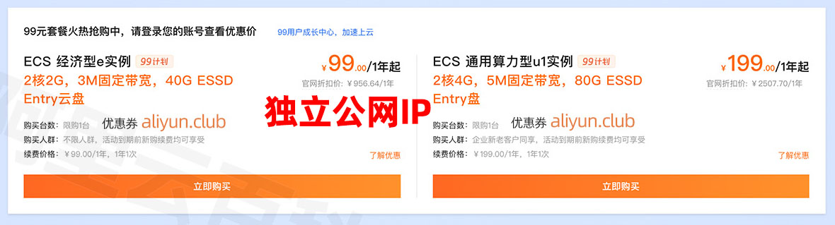 阿里云99元ECS服务器是独立公网IP地址