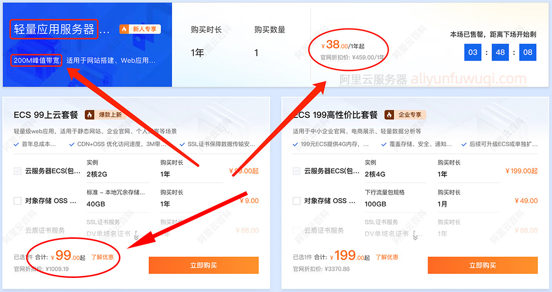 阿里云38元和99元服务器