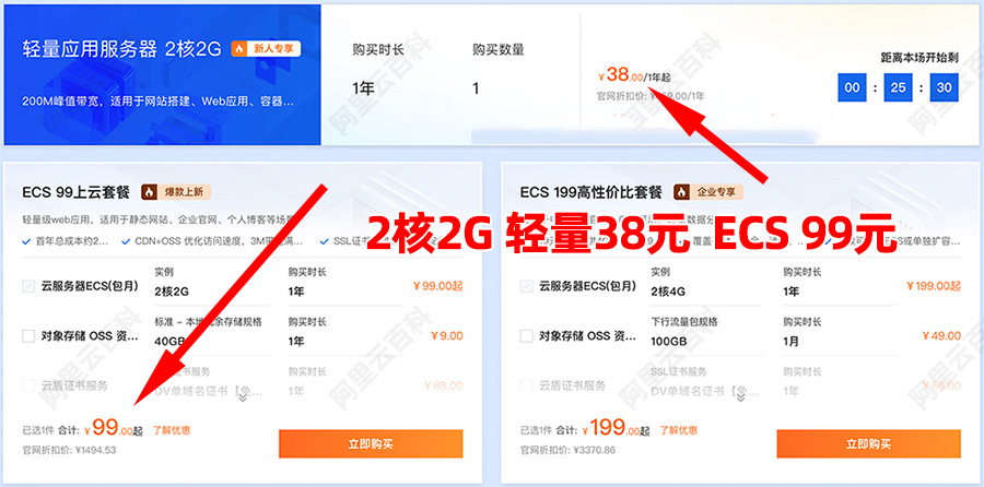 阿里云2核2G服务器轻量38元、ECS价格99元1年