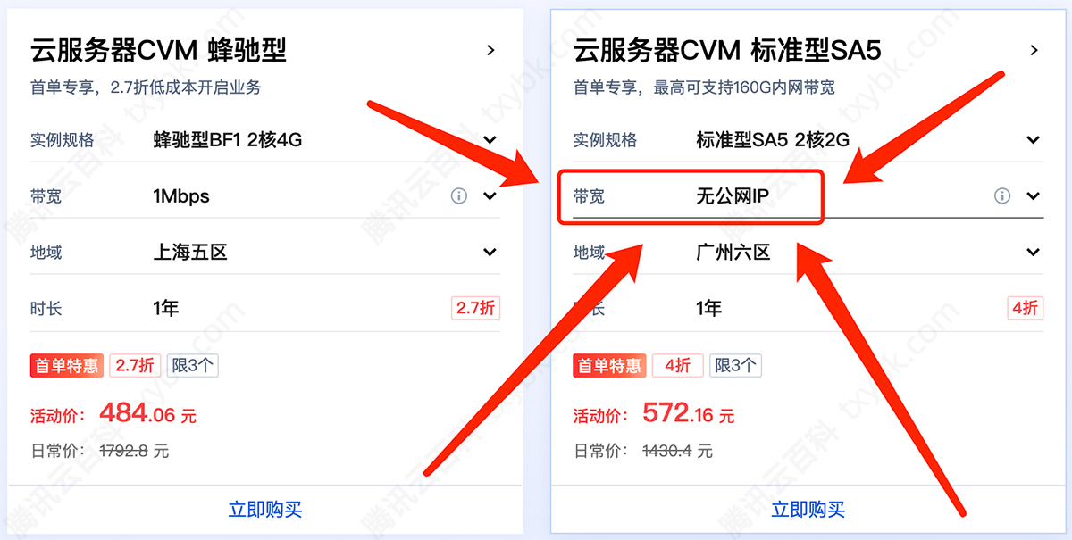 腾讯云服务器CVM带宽无公网IP