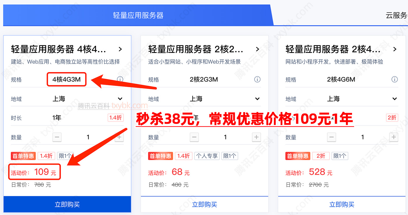 腾讯云4核轻量服务器秒杀38元,常规优惠109元1年